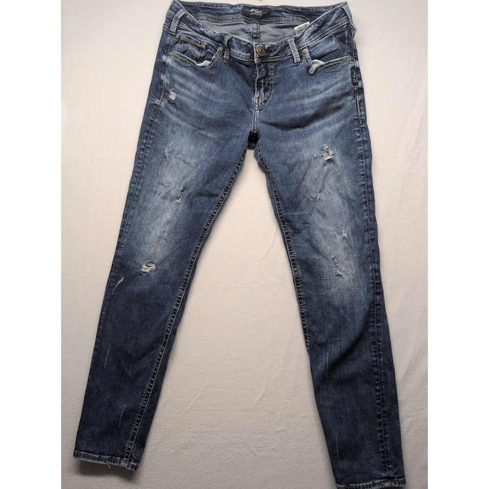 Silver Jeans Sam Distressed Stretch Dark Wash Blue Denim Womans Jeans Size 31x29